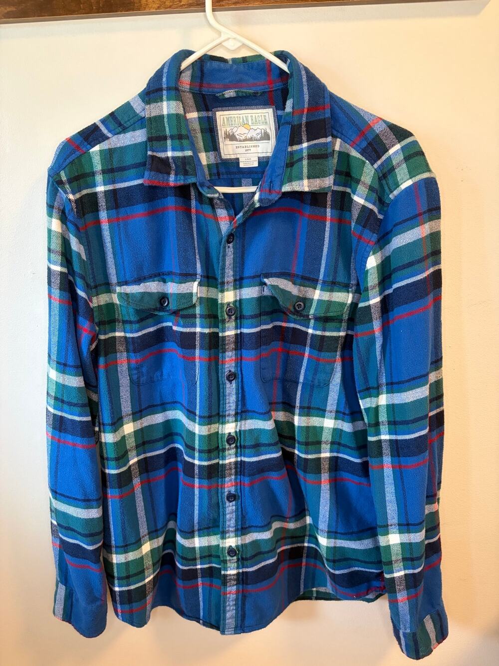 American Eagle Vintage Thick Flannel Shirt Mens Large Blue Plaid Long Sleeve